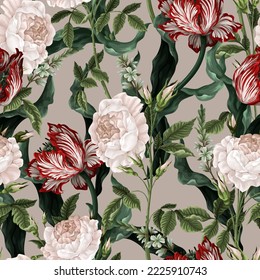 Patrón sin foco con flores vintage, como rosas, tulipanes. Vector