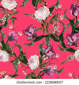 Patrón sin foco con flores vintage, como rosas, tulipanes en el fondo rosado. Vector