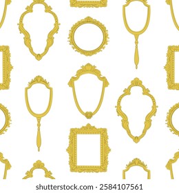 Seamless pattern of vintage frames for mirrors and paintings. Baroque ornamented frames for royal interior. Vector illustration isolated on transparent background.