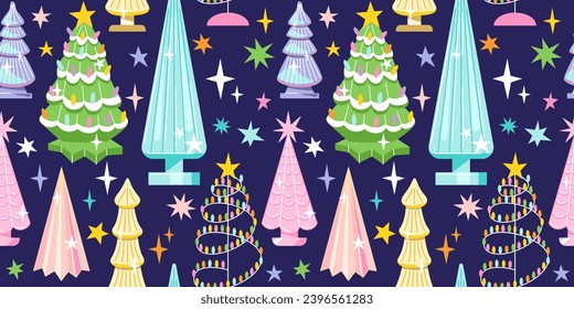 Seamless pattern with vintage glass Christmas tree lamps.
Trendy retro xmas background. Vector funky illustration.