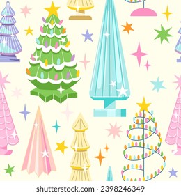 Seamless pattern with vintage glass Christmas tree lamps.
Trendy retro xmas background. Vector funky illustration.