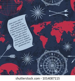 Seamless pattern with vintage globe, compass, world map and wind rose. Vector illustration