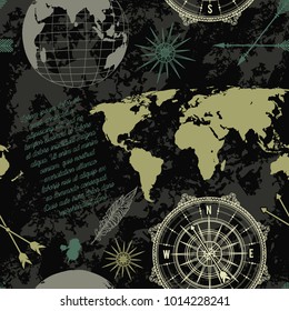 Seamless pattern with vintage globe, compass, world map and wind rose. Vector illustration