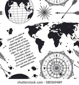 Seamless pattern with vintage globe, compass, world map and wind rose. Retro hand drawn vector illustration in sketch style 