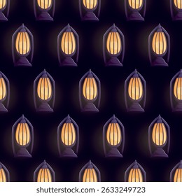 Seamless pattern with vintage glowing lanterns. Repeating warm orange lights with dark tops. Cozy fairytale cartoon vector design for textiles, wrapping paper, or festive backgrounds.