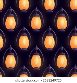 Seamless pattern with vintage glowing lanterns. Repeating warm orange lights with dark tops. Cozy fairytale cartoon vector design for textiles, wrapping paper, or festive backgrounds.