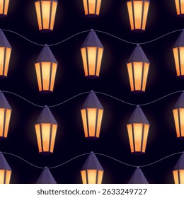 Seamless pattern with vintage glowing lanterns. Repeating warm orange lights with dark tops. Cozy fairytale cartoon vector design for textiles, wrapping paper, or festive backgrounds.