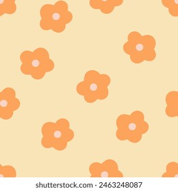 Seamless pattern with vintage groovy daisy flowers in the style of the 60s, 70s.