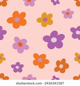 Seamless pattern with vintage groovy flowers. Trendy retro design. Hippie fun wallpaper. Hand drawn vector illustration