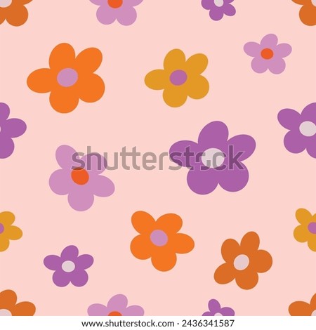Seamless pattern with vintage groovy flowers. Trendy retro design. Hippie fun wallpaper. Hand drawn vector illustration
