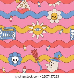 Seamless pattern with vintage Halloween characters on wavy geometric background. 70s rento groovy hippie style. Perfect for textile, wallpaper or print design. Hand drawn cute vector illustration.