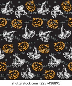 Seamless Pattern of Vintage Halloween Pumpkin and Witch Hat- Halloween Vector Illustration