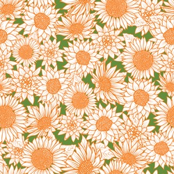 Seamless Pattern With Vintage Hand Drawn Wildflowers And Sunflower On Green Background Design, Great For Wallpaper, Fabric, Bookscraping.