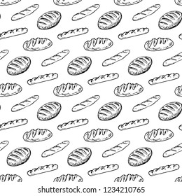 Seamless pattern vintage hand drawn sketch style bakery set. Bread and pastry sweets on white background.