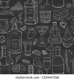 Seamless pattern with vintage hand drawn alcohol bottles and glasses on black background. Vector alchol pattern 