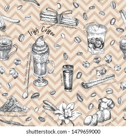 Seamless pattern Vintage hand drawn sketch design bar, restaurant, cafe menu background. Graphic vector art. Irish coffee Creative template for flyer, banner, poster, brochure. Engraving retro style