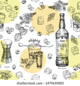 Seamless pattern Vintage hand drawn sketch design bar, restaurant, cafe menu background. Graphic vector art Iwhiskey with ice and mint Creative template for flyer, banner, poster Engraving retro style