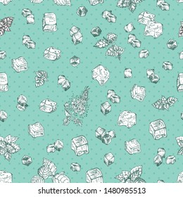Seamless pattern Vintage hand drawn sketch design bar, restaurant, cafe menu background. Graphic vector art Iwhiskey with ice and mint Creative template for flyer, banner, poster Engraving retro style