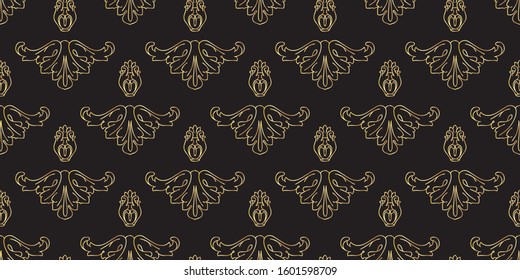 Seamless pattern with vintage hand drawn  baroque floral element. Thin golden line isolated on black. Vintage background with golden ornament. Decorative antique acanthus swirl. Vector.