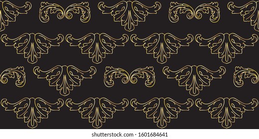 Seamless pattern with vintage hand drawn  baroque floral element. Thin golden line isolated on black. Vintage background with golden ornament. Decorative antique acanthus swirl. Vector.