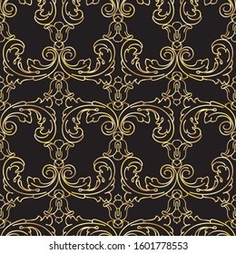 Seamless pattern with vintage hand drawn  baroque floral element. Thin golden line isolated on black. Vintage background with golden ornament. Decorative antique acanthus swirl. Vector.