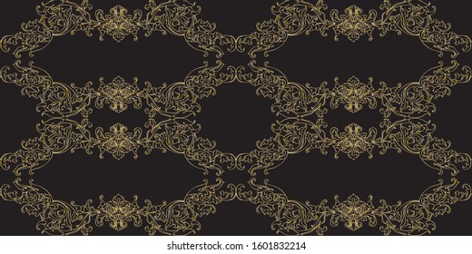 Seamless pattern with vintage hand drawn  baroque floral element. Thin golden line isolated on black. Vintage background with golden ornament. Decorative antique acanthus swirl. Vector.