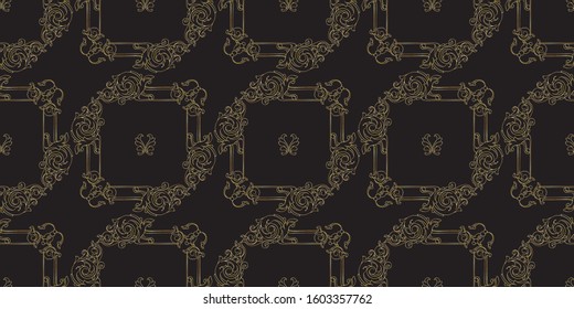 Seamless pattern with vintage hand drawn  baroque floral element. Thin golden line isolated on black. Vintage background with golden ornament. Decorative antique acanthus swirl. Vector.