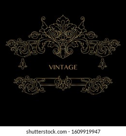 Seamless pattern with vintage hand drawn  baroque floral elements. Thin golden line isolated on black. Vintage background with golden ornament. Decorative antique acanthus swirl. Vector illustration.