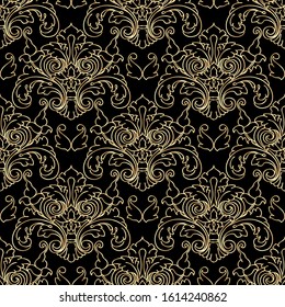 Seamless pattern with vintage hand drawn  baroque floral elements. Thin golden line isolated on black. Vintage background with golden ornament. Decorative antique acanthus swirl. Vector illustration.