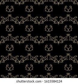 Seamless pattern with vintage hand drawn  baroque floral elements. Thin golden line isolated on black. Vintage background with golden ornament. Decorative antique acanthus swirl. Vector illustration.