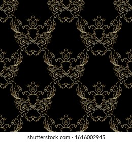 Seamless pattern with vintage hand drawn  baroque floral elements. Thin golden line isolated on black. Vintage background with golden ornament. Decorative antique acanthus swirl. Vector illustration.