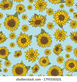 Seamless pattern with vintage hand drawn watercolor style sunflowers on blue background design