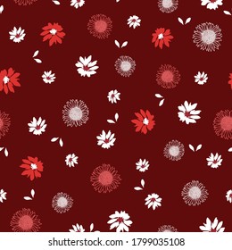 Seamless pattern with vintage hand drawn wildflowers and sunflower on crimson background design