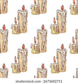 Patrón sin fisuras con velas vintage dibujadas a mano. Luces de cera ardiente con llama en colores beige y rojo. Perfecto para Halloween, decoración gótica, papel de regalo y diseño textil.