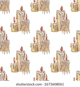 Seamless pattern with vintage hand drawn candles. Burning wax lights with flame in beige and red colors. Perfect for halloween, gothic decor, wrapping paper and textile design.