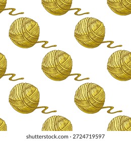 Patrón sin fisuras con bolas de hilo amarillo dibujadas a mano vintage para tejer. Perfecto para textiles, diseño de telas, papel de embalaje, artesanías y proyectos creativos.