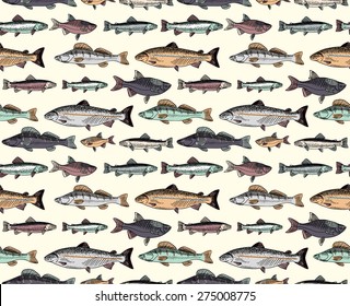 Seamless pattern with vintage hand drawn fishes