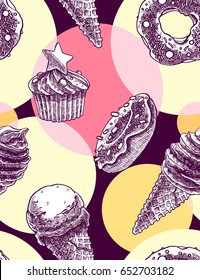 Seamless pattern with vintage hand drawned ice cream cones and muffins, donuts on multicolor circles background. Textile, wallpaper.