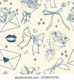 A seamless pattern with vintage, hand-drawn blue ink, flirty elements. Sweet bows, a bouquet of roses, a bunch of tulips, a lipstick mark, and envelopes with love letters on a pink background. Valentine's Day. Vector illustration for wrapping paper, packaging, fabric, room decor, phone cases, and more.