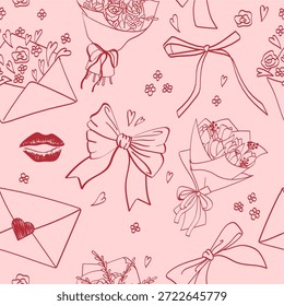 A seamless pattern with vintage, hand-drawn, flirty doodle elements. Cute bows, a bouquet of roses, a bouquet of tulips, a lipstick mark, and envelopes with love letters on a pink background. Valentine's Day. Vector for wrapping paper, packaging, fabric, room decor, phone cases, and more.