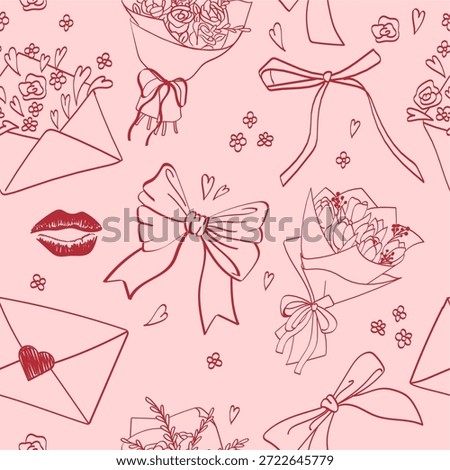 A seamless pattern with vintage, hand-drawn, flirty doodle elements. Cute bows, a bouquet of roses, a bouquet of tulips, a lipstick mark, and envelopes with love letters on a pink background. Valentine's Day. Vector for wrapping paper, packaging, fabric, room decor, phone cases, and more.