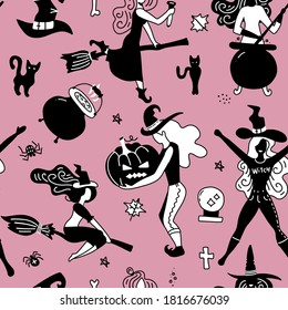 Seamless pattern Of Vintage Happy Halloween flat icons. Halloween Scrapbook Elements. Vector illustration. Cute Halloween Characters of young witches having fun, flying, conjuring