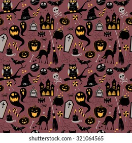 Seamless pattern Of Vintage Happy Halloween flat  icons. Halloween Scrapbook Elements. Vector illustration. Cute Halloween Characters.