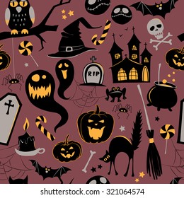 Seamless pattern Of Vintage Happy Halloween flat  icons. Halloween Scrapbook Elements. Vector illustration. Cute Halloween Characters.