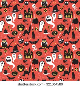 Seamless pattern Of Vintage Happy Halloween flat  icons. Halloween Scrapbook Elements. Vector illustration. Cute Halloween Characters.