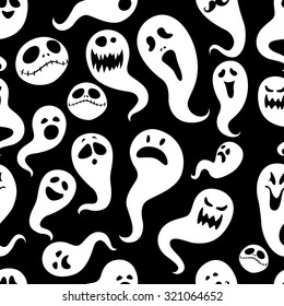 Seamless pattern Of Vintage Happy Halloween flat  ghosts. Halloween Scrapbook Elements. Vector illustration. Cute Halloween Characters. Black and white