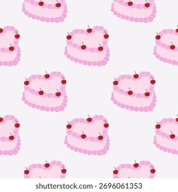 Seamless pattern with vintage heart shaped cake on pink background. Hand drawn vector illustration.