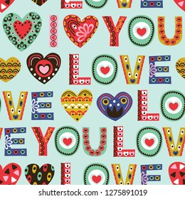 seamless pattern with vintage hearts and word love  - vector illustration, eps