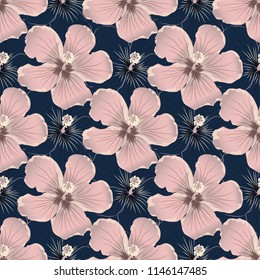 Seamless pattern vintage Hibiscus flowers on isolated Dark blue background.Vector illustration hand drawing.