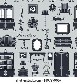 seamless pattern of vintage home interior with soft and cabinet furniture